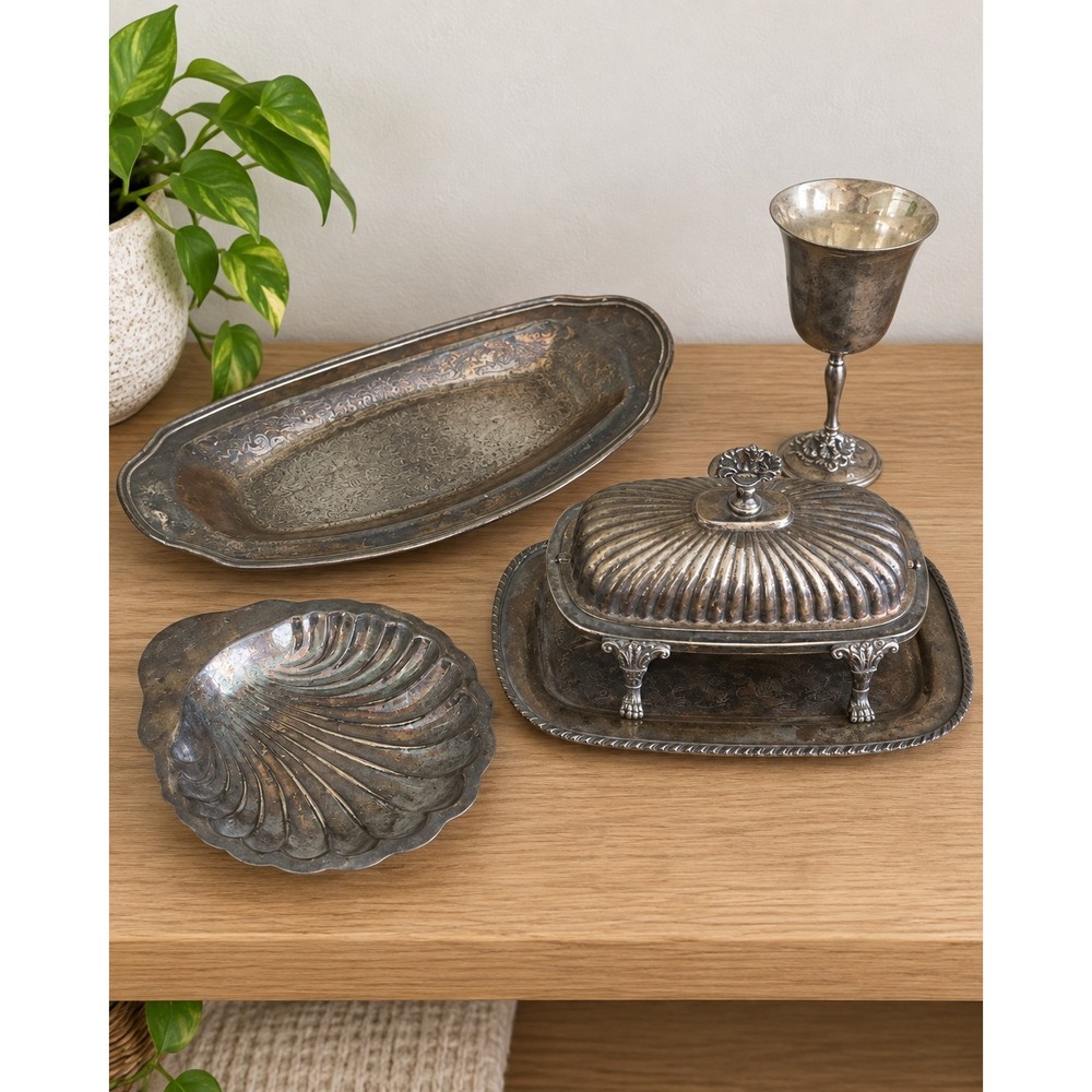 Vintage Silverplate Serving Set 5 Pc Covered Dish Trays Shell Bowl Goblet Ornate